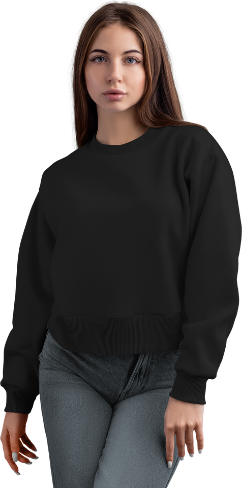 Mockup of a black crop sweatshirt on the body, png, canvas bella, front